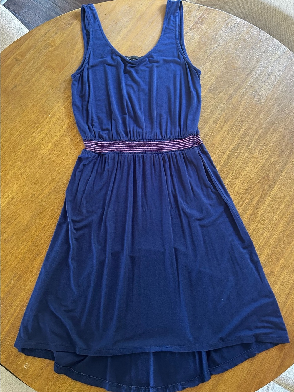 Sleeveless Navy High-Low Dress with Striped Waistband